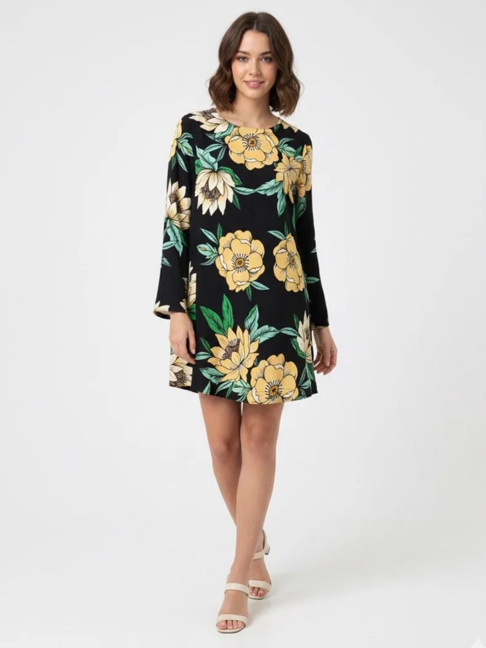 FARM Rio Long Bell Sleeve Mini Dress with Low Tie Back in Tropical Floral Print